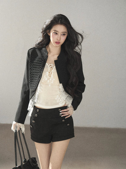 AOMALM - Black Lace Trim Cropped Jacket & Shorts Set