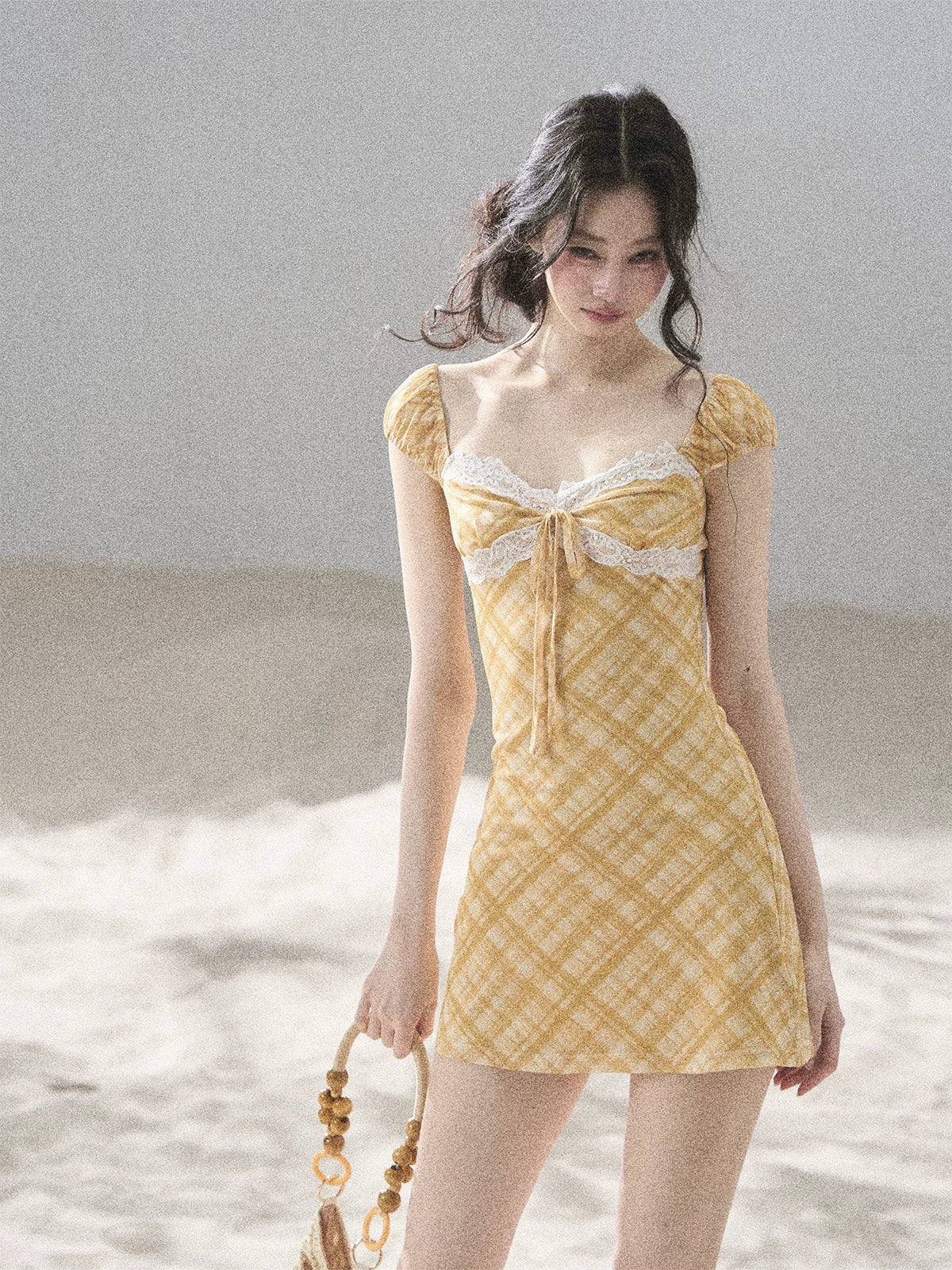 "Golden Wheat Whisper" Goose Yellow Lace Diamond Mini Dress