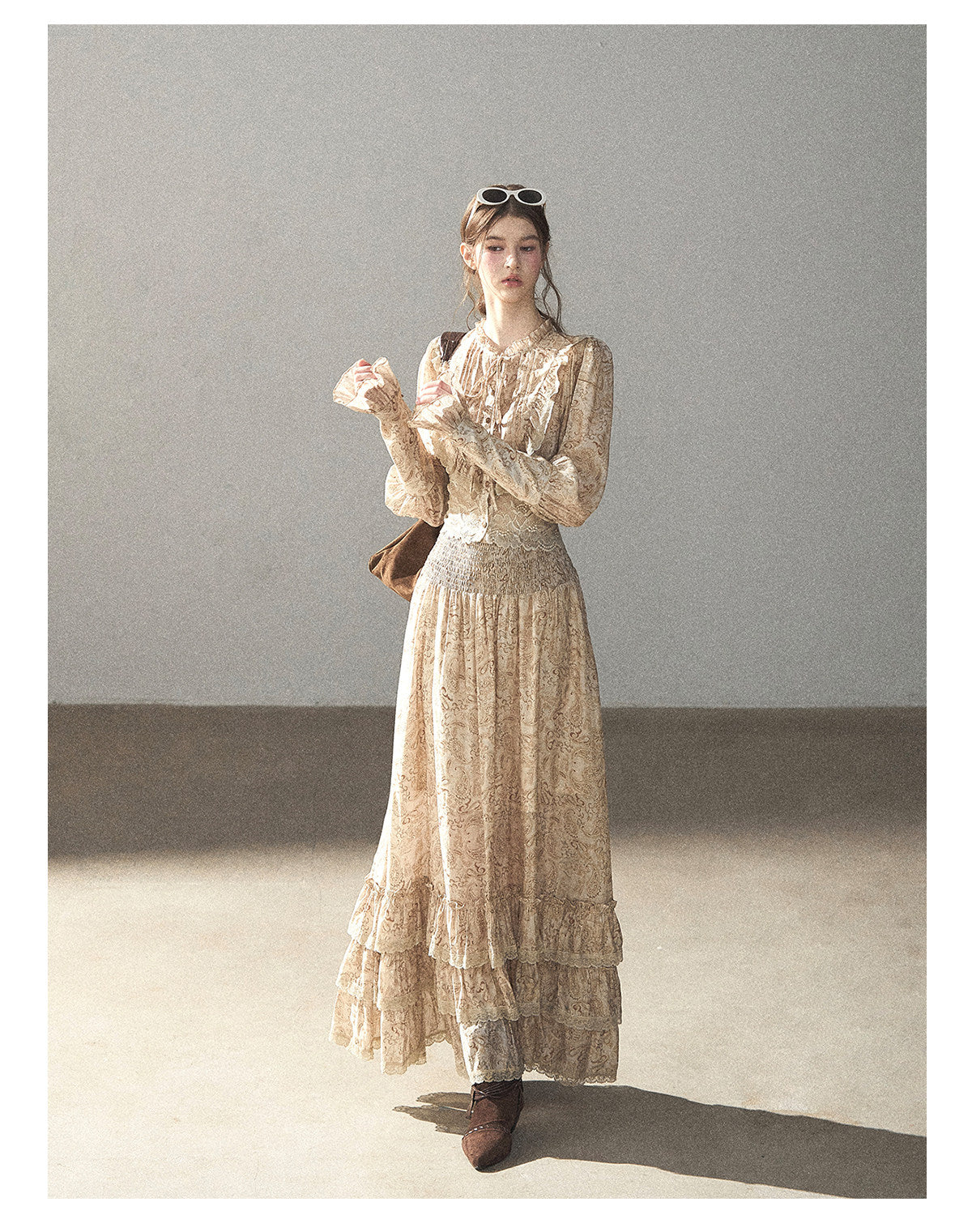 170726 "Growing an Autumn Breeze" Milk Tea Floral Blouse & Maxi Skirt Set