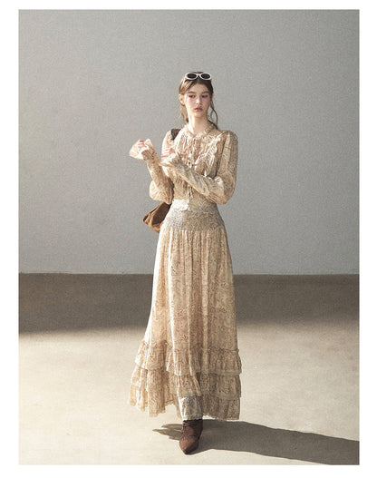 170726 "Growing an Autumn Breeze" Milk Tea Floral Blouse & Maxi Skirt Set