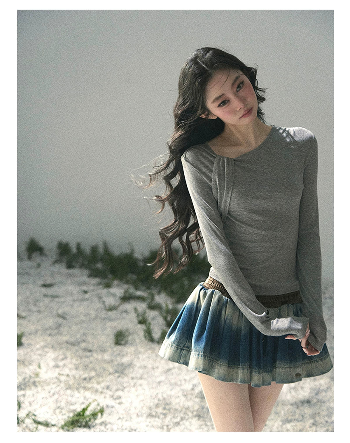 “Skin Mood” Cloud Mist Gray Ruched Asymmetrical Top