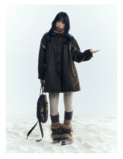 Horridale - Peter Pan Collar Pleated Mid-Length Wool-Blend Coat – Brown Coffee
