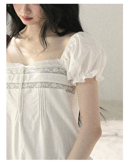 "Light as a Cloud" Frost White Puff Sleeve Lace Babydoll Mini Dress