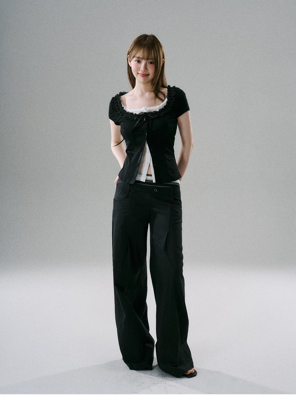 LOST FOREST - Khaki & Black Striped Wide-Leg Floor-Length Pants