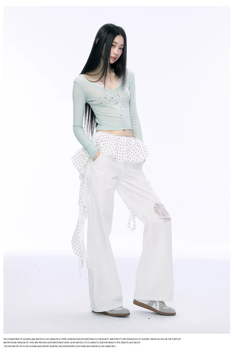JN's DESIGN - Fitted Lace Long-Sleeve Top with Pearl Rhinestones