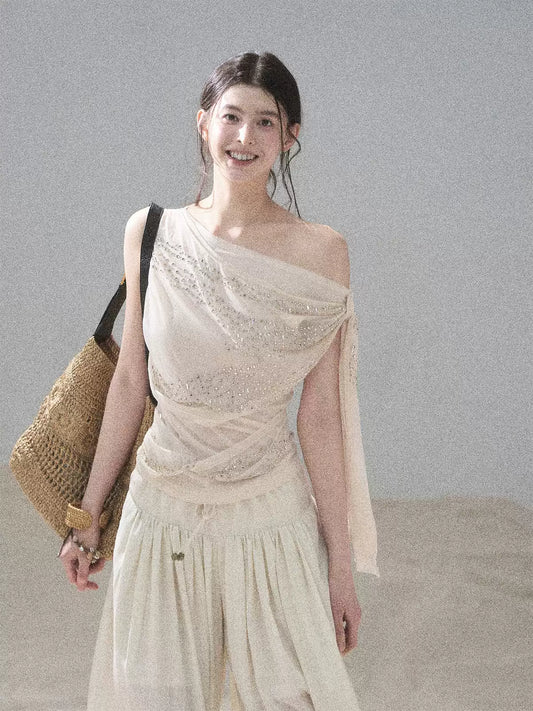 “Frosted Kiss” Dutch Cheese Crystal Mesh Sleeveless Top