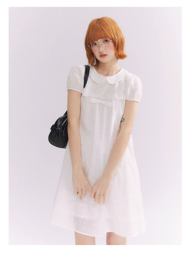 “Lace Sleep Song” White Embroidered Puff Sleeve Babydoll Dress