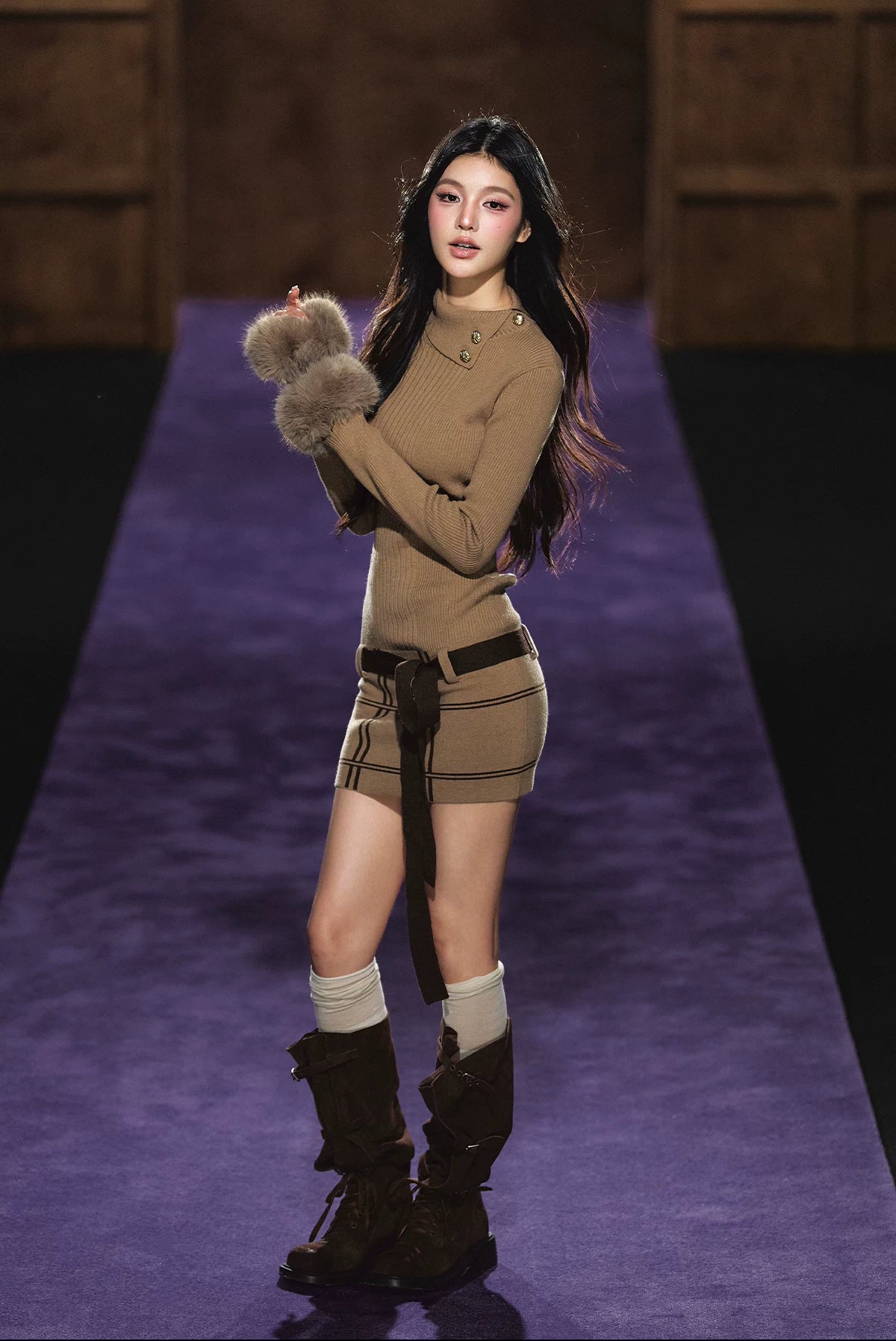 "Winter Whisper" Light Khaki Mock Neck Knit Mini Dress