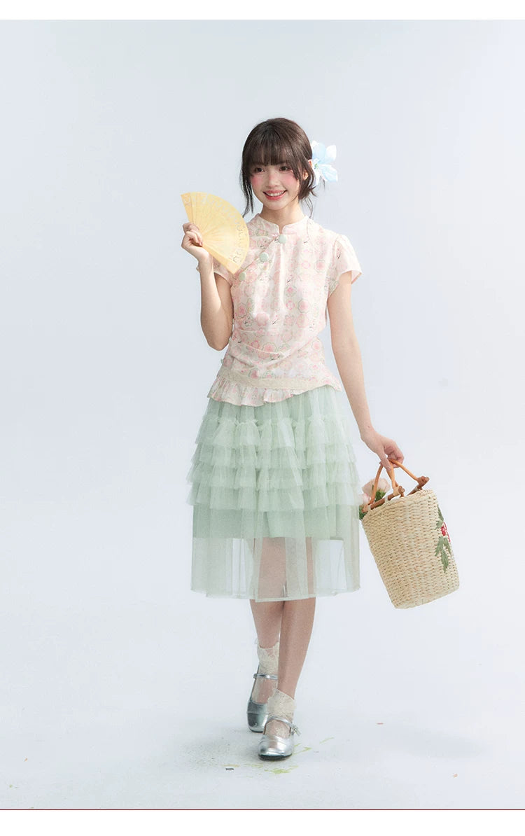 "Lime Mille-Feuille Glow" Peach Mist Chinese-Inspired Short Sleeve Top & Lime Green Tulle Tiered Skirt Set