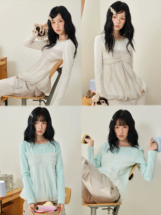 DAILY ARTIST - “Cloud Gauze, Clear Breeze” Sheer Mesh Ruched Knit Long-Sleeve Top (Mint Green / Beige)