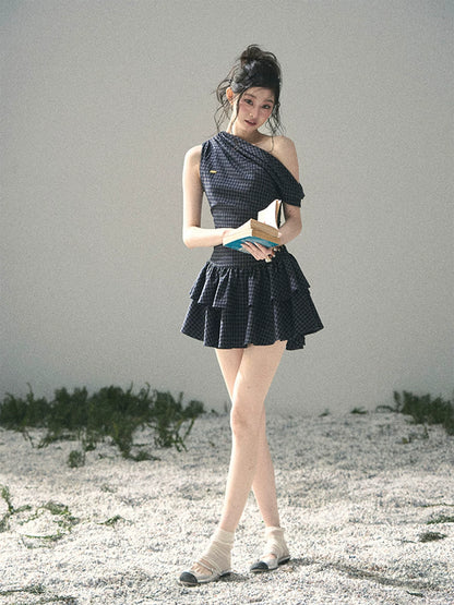 "Moonlit Bellflower Reverie" Navy Plaid One-Shoulder Mini Dress 567474