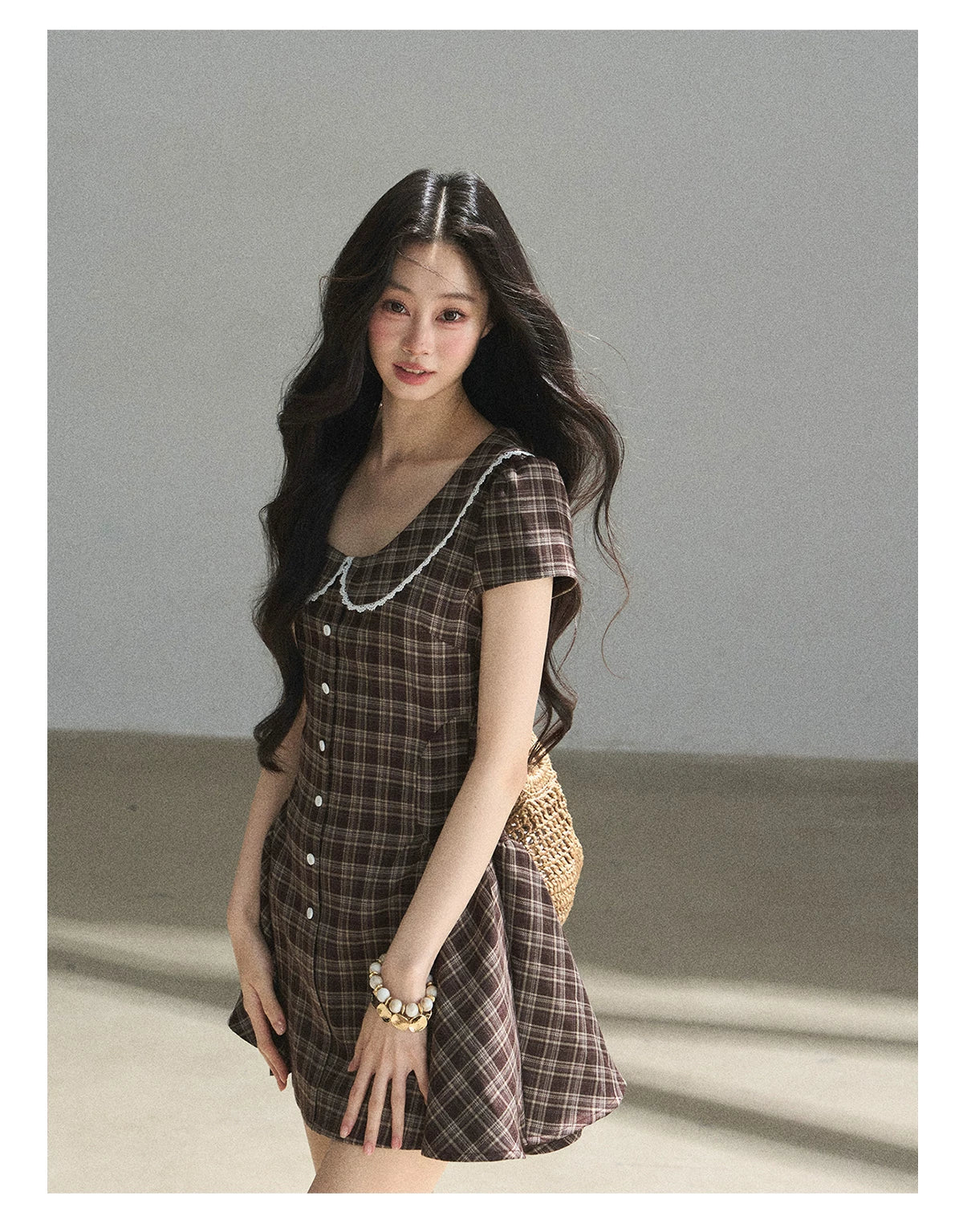 "The Camphor Tree in Late May" Chestnut Brown Plaid Peter Pan Collar Babydoll Mini Dress