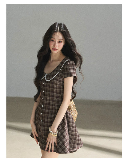 "The Camphor Tree in Late May" Chestnut Brown Plaid Peter Pan Collar Babydoll Mini Dress