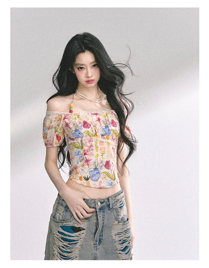 少也眼 “Verona Bloom" Off-Shoulder Halter Lace Top 5464644485