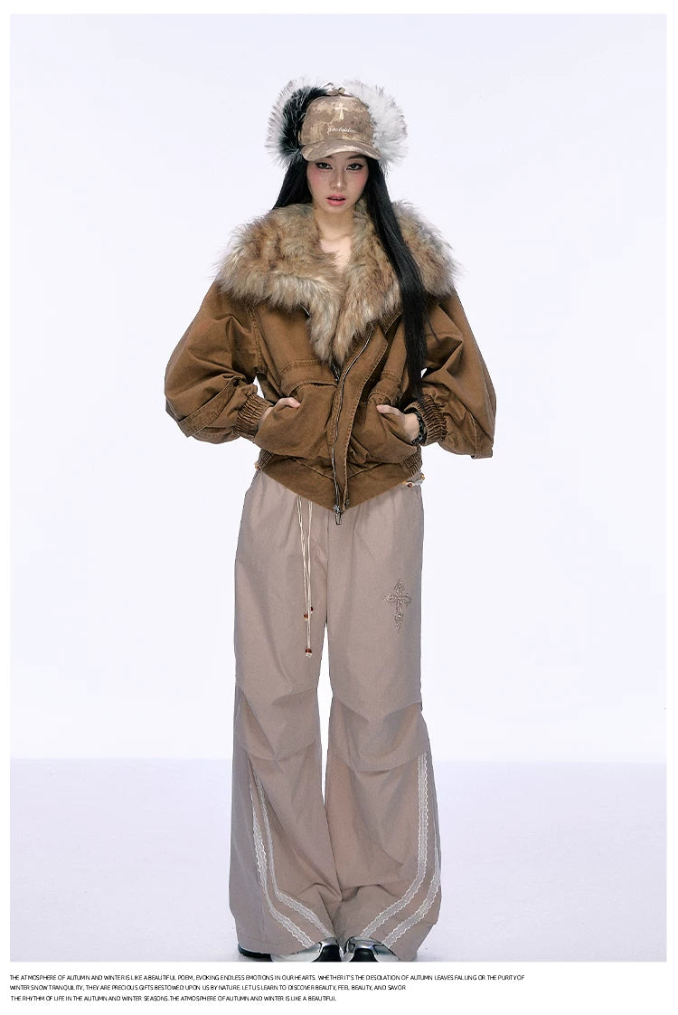 JN's DESIGN - Washed Chestnut Brown Faux Fur Collar Utility Jacket