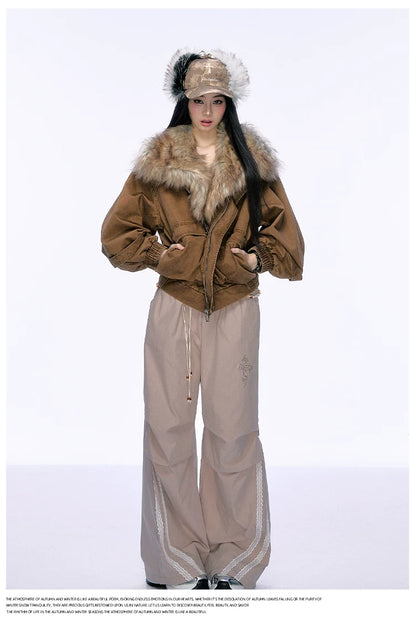 JN's DESIGN - Washed Chestnut Brown Faux Fur Collar Utility Jacket