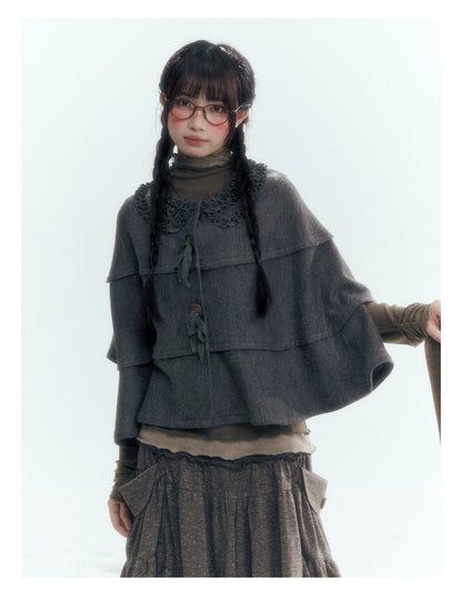 Horridale - Warm Charcoal Gray Knit Cape Poncho with Ruffle Collar