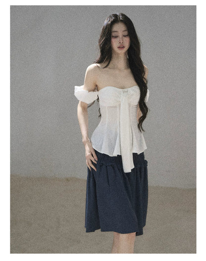 "Lazy Soliloquy" White Peplum Top & Wide-Leg Pants Set