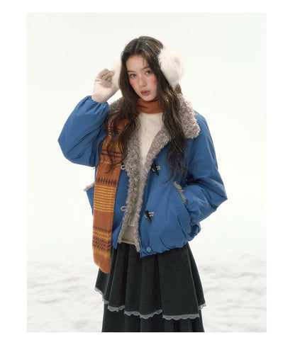 CANSTORE - "Cobalt Snowfall" Cobalt Blue Cropped Toggle Coat with Plush Trim