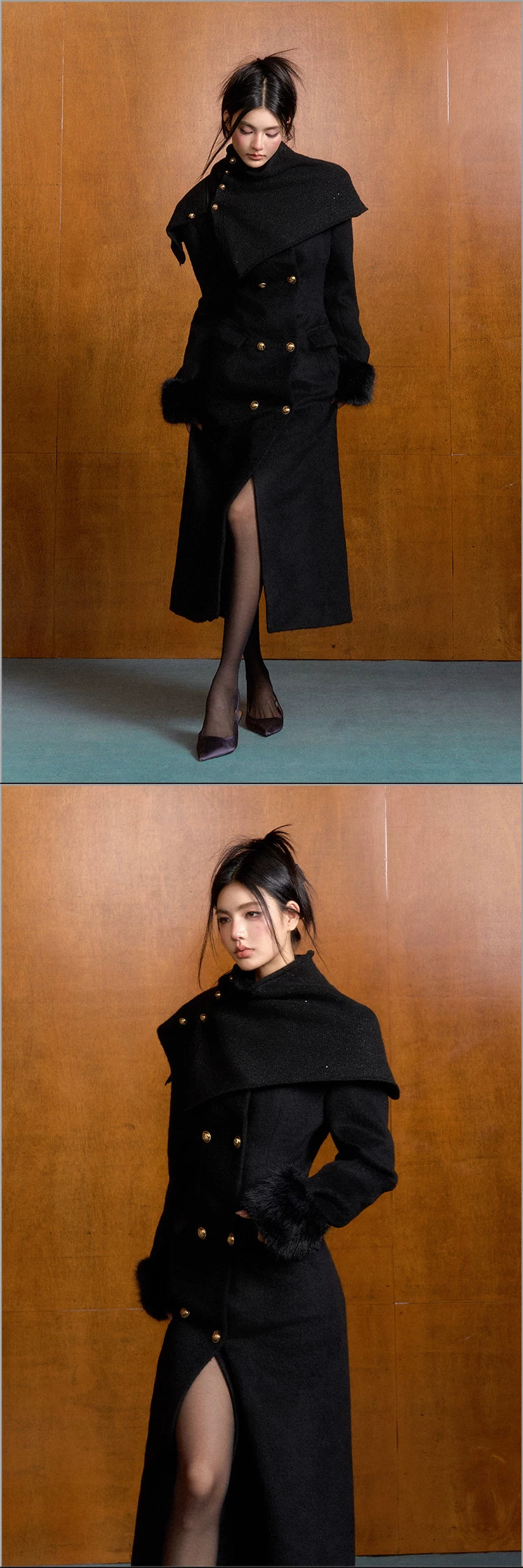 "Manor Elegance" Detachable Faux Fur Wool Coat & Knit Scarf Set