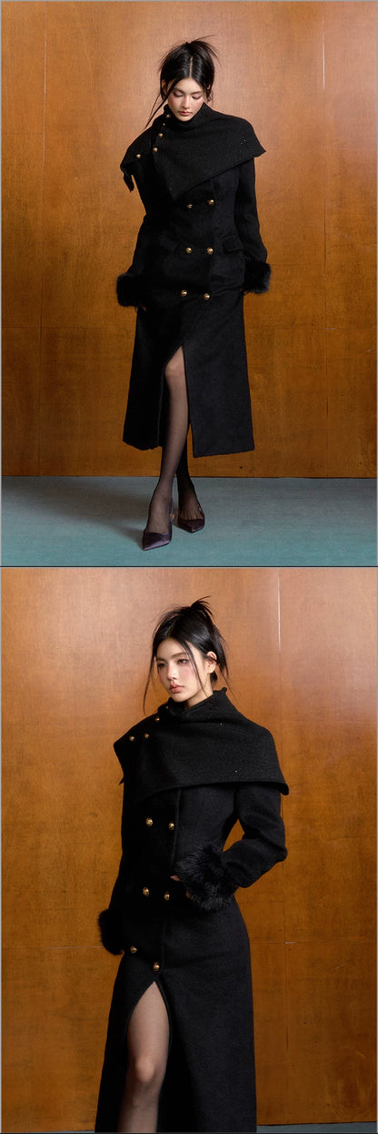 "Manor Elegance" Detachable Faux Fur Wool Coat & Knit Scarf Set