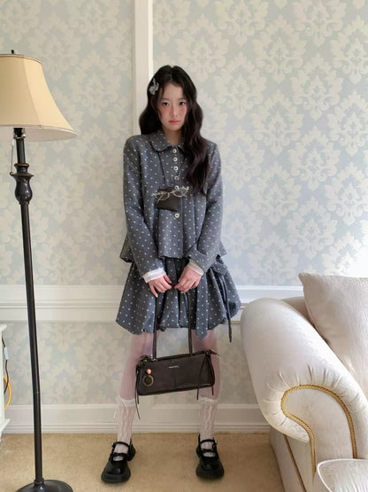 [RF] “Starlit Gray Tones” Gray Vintage Polka Dot Pleated Skirt Two-Piece Set