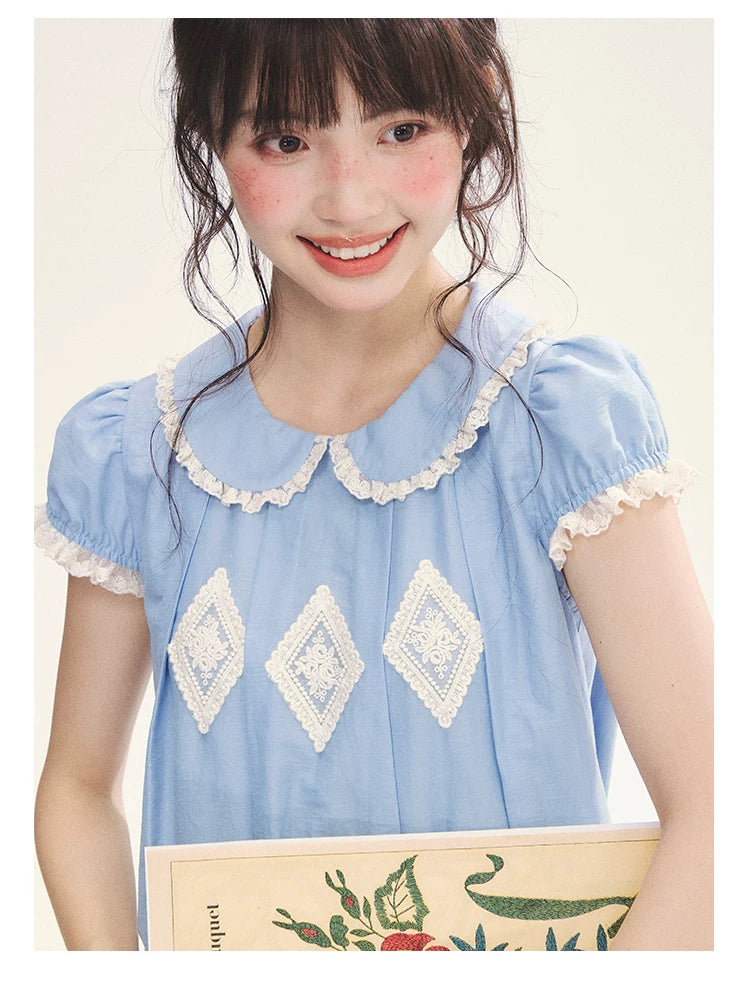 "Sweet Tea Doll" Haze Blue Lace Puff Sleeve Peter Pan Collar A-Line Dress