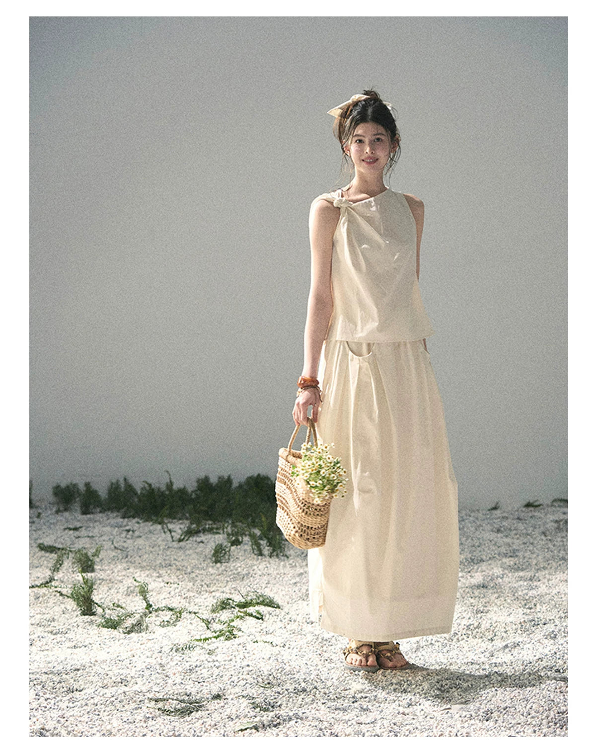 “Ivory Pleated Verse” Soft White Asymmetrical Twist Top & Skirt