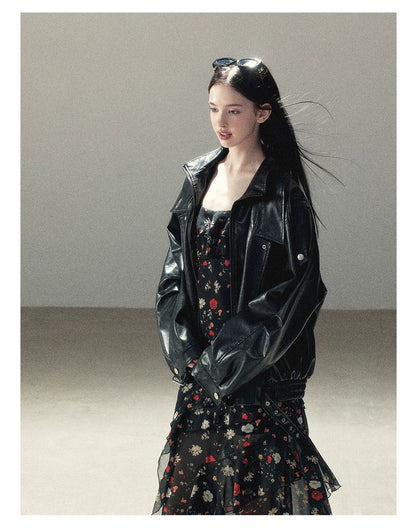 AOMALM - "Solo Journey" Quiet Black Oversized PU Moto Jacket