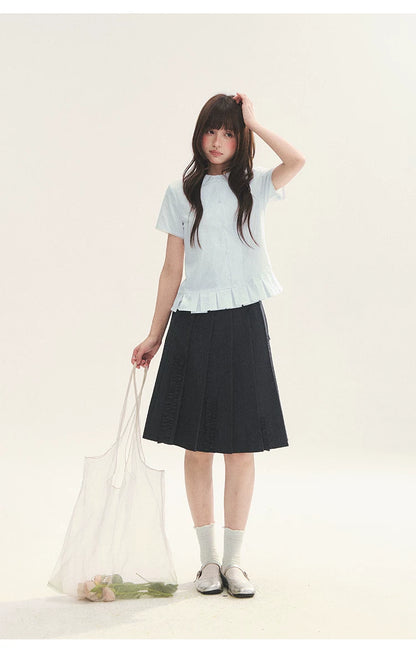 "Citrus Sea Salt" Stripe Lace Peter Pan Collar Pleated Shirt (White Blue / Blue White)