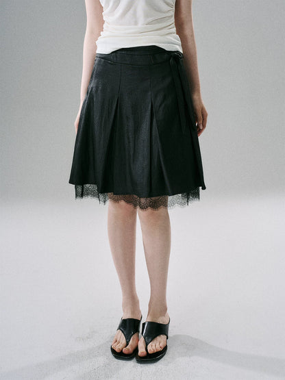 LOST FOREST - Satin Lace Midi Skirt with Bow Detail (Red-Brown / Deep Black)