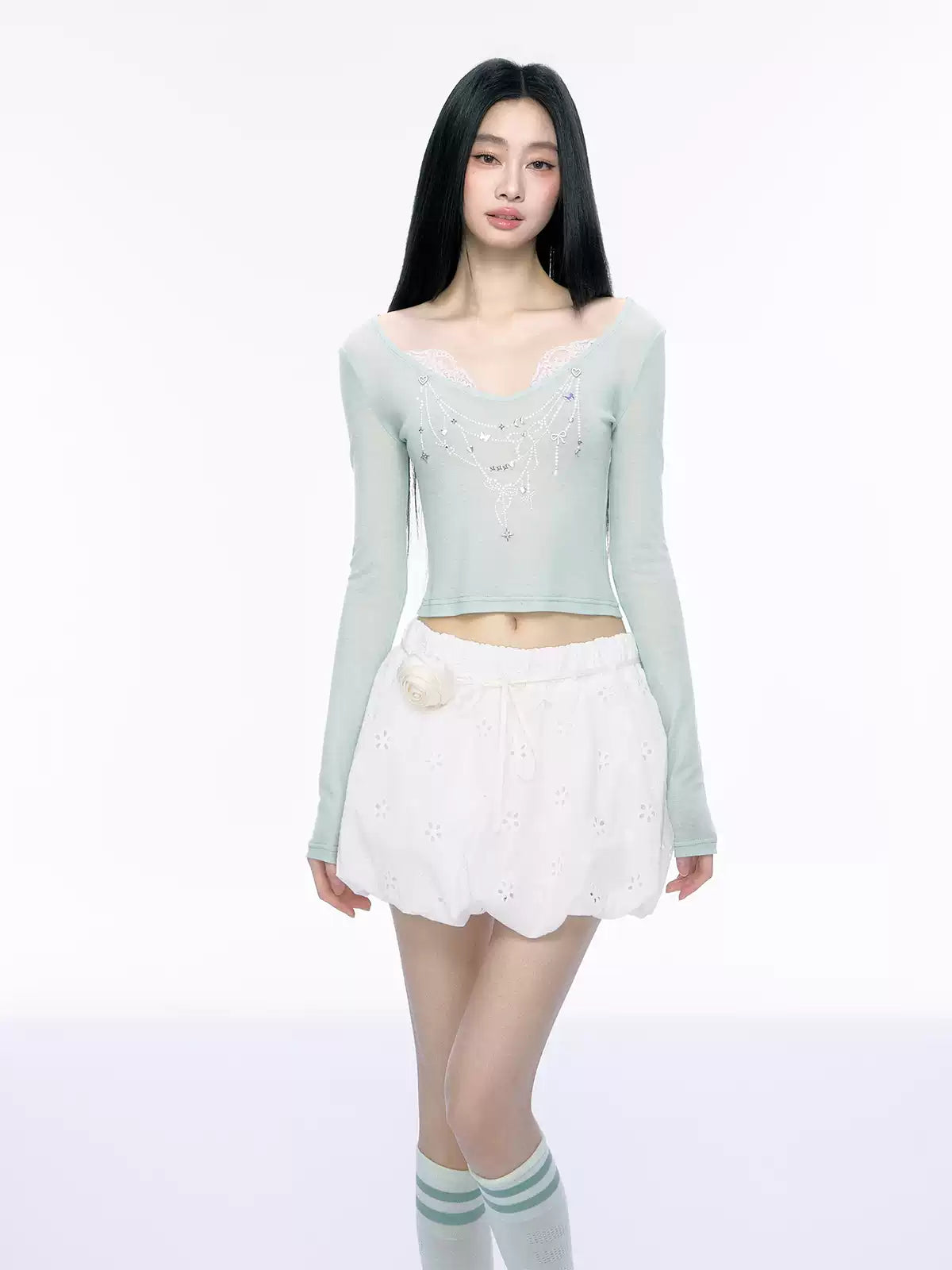 JN's DESIGN - Fitted Lace Long-Sleeve Top with Pearl Rhinestones
