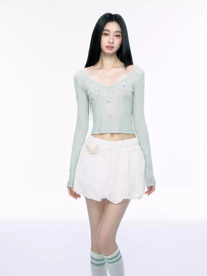 JN's DESIGN - Fitted Lace Long-Sleeve Top with Pearl Rhinestones