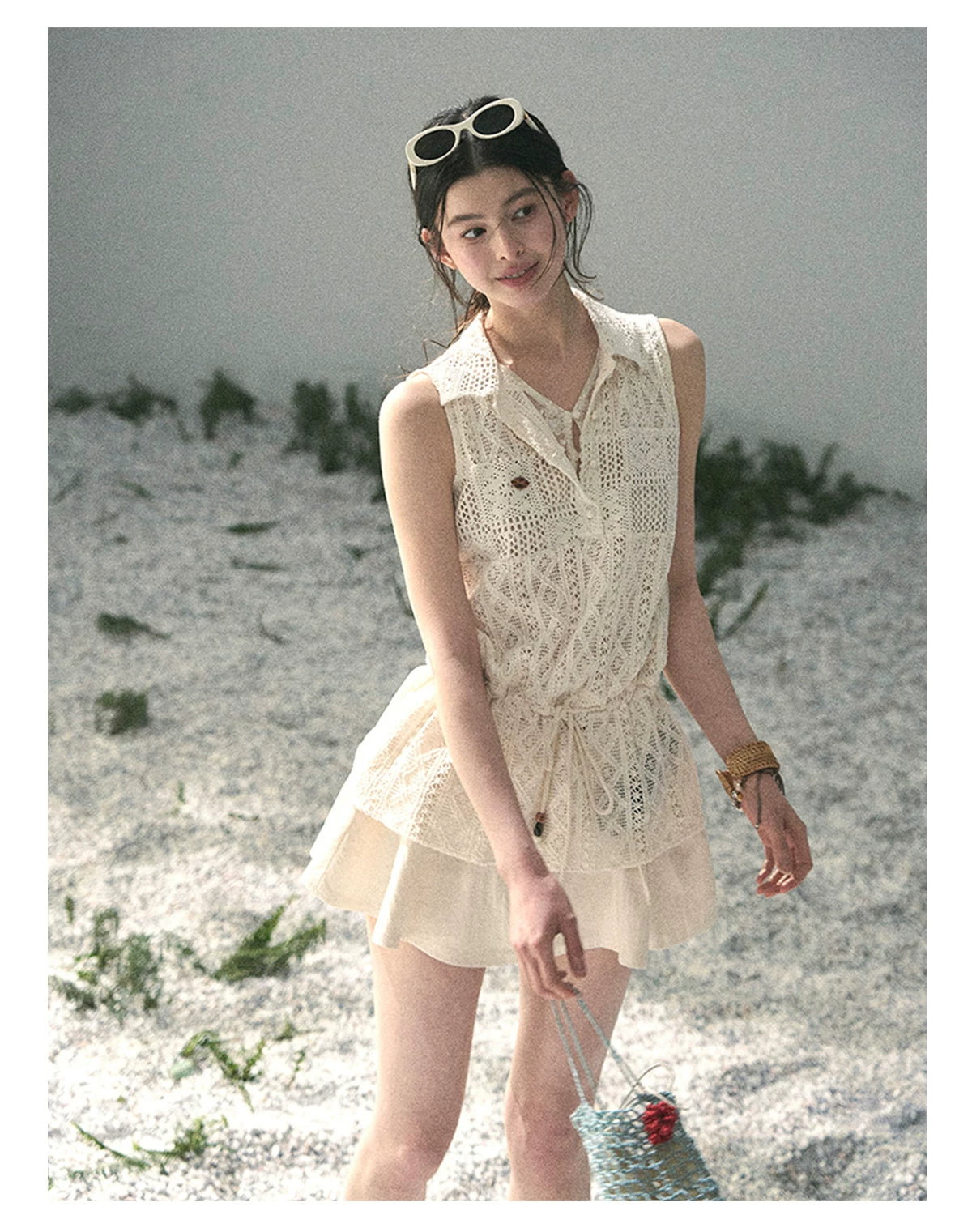 “Summer Breeze Kissing the Hem” Ivory Lace Layered Sleeveless Top