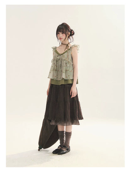 "Faded Bloom" Deep Brown Red Lace Trim Tiered A-Line Skirt