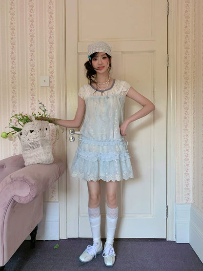 “Summer Dreamloom” Blue Lace Tiered Dress Set (Inner Top + Slip Dress)