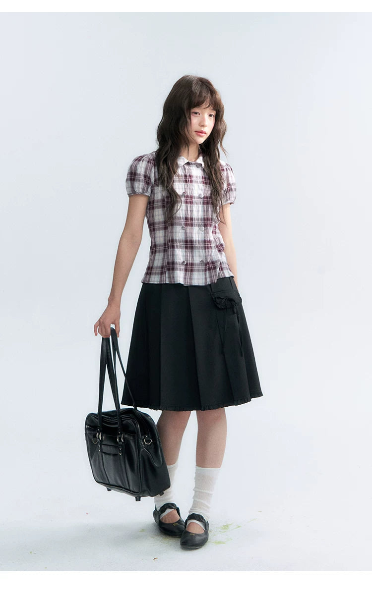 "Violet Mist Bow" Purple Brown Plaid Blouse