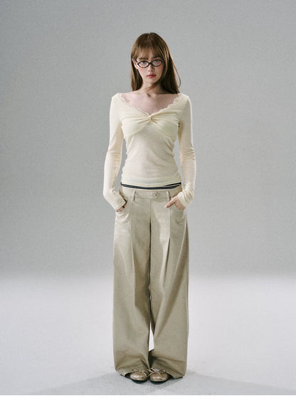 LOST FOREST - Lace Twist-Font Fitted Top (Cream White / Goose Yellow)