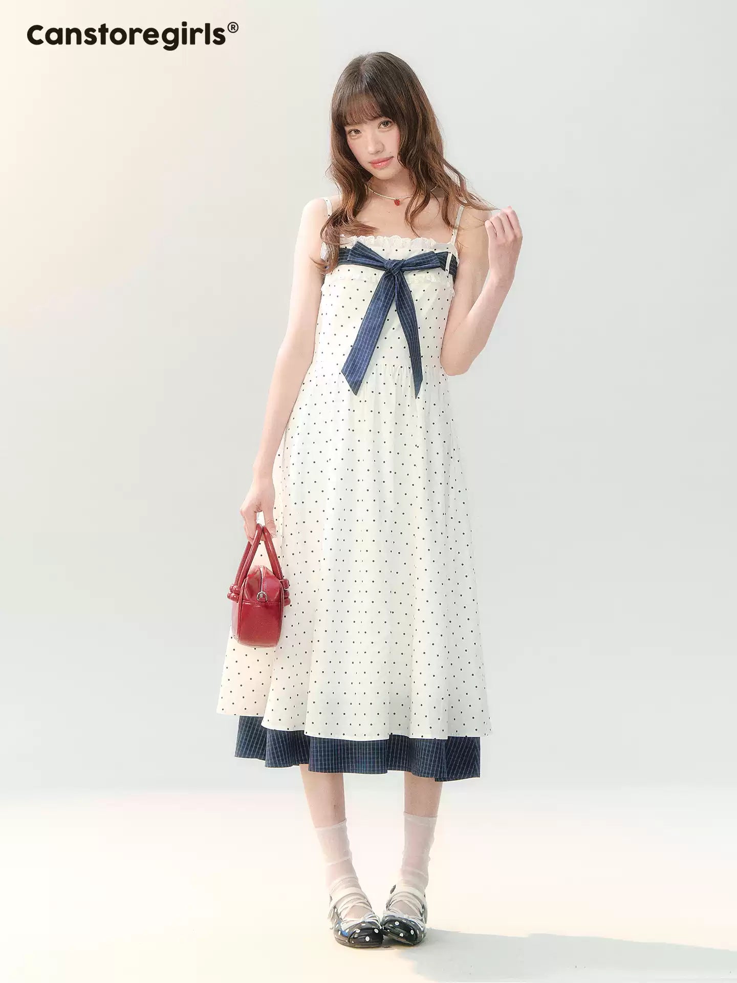 "Soft Mist Cream Puff" White Polka Dot Cami Dress LL2026207