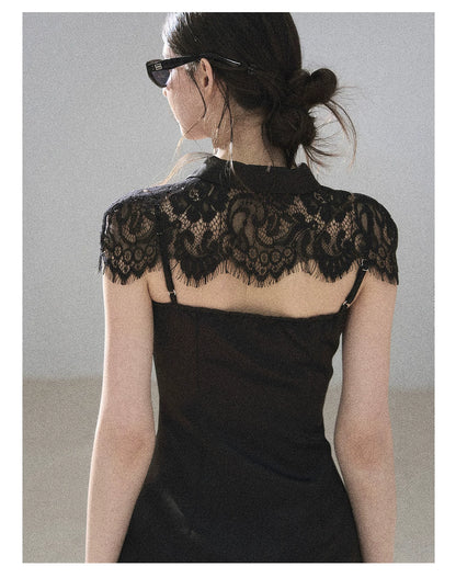 "Moonlit Rose Sonata" Tranquil Black Lace Mini Dress & Cape Set