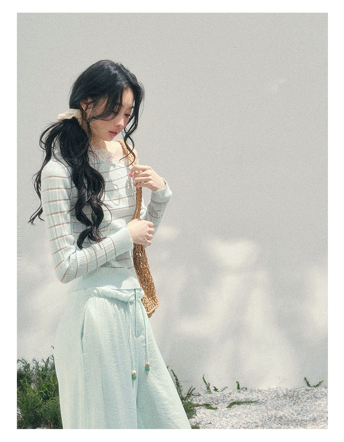 少也眼 “A Gentle Glance” One-Shoulder Lace Knit Long-Sleeve Top - Glacier Blue 43552