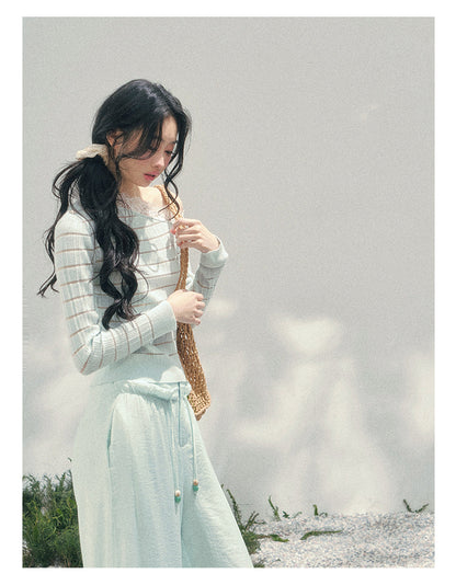 少也眼 “A Gentle Glance” One-Shoulder Lace Knit Long-Sleeve Top - Glacier Blue 43552