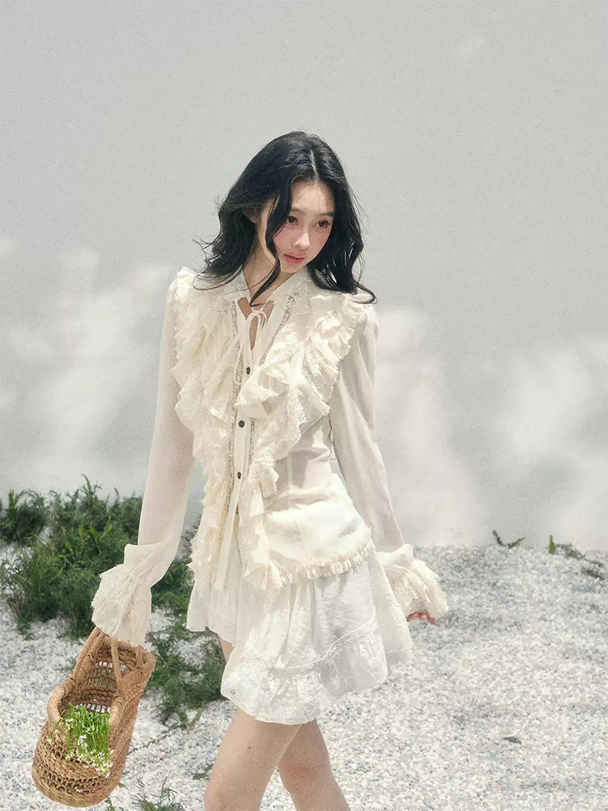 “Memory in Bloom” French Court Lace Flare Sleeve Top