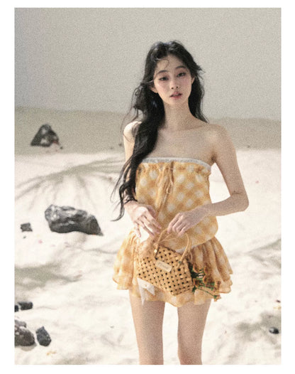 "Breeze Upon the Waves" Cheese Yellow Off-Shoulder Diamond Quilted Mini Dress