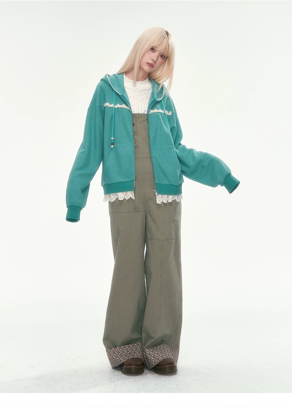 [CAN] Green Lace-Trim Waffle Knit Zip-Up Hoodie