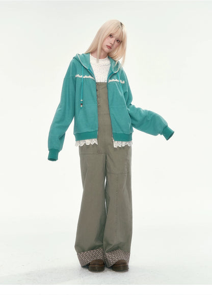[CAN] Green Lace-Trim Waffle Knit Zip-Up Hoodie