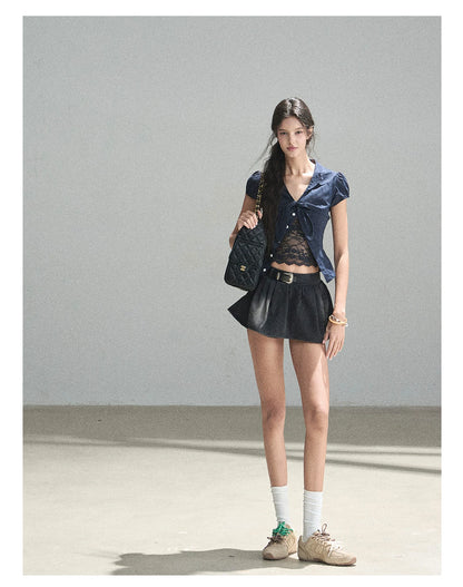 "Shimmer Across the Sea" Denim Bubble Skort (Rock Black/ Vintage Blue)