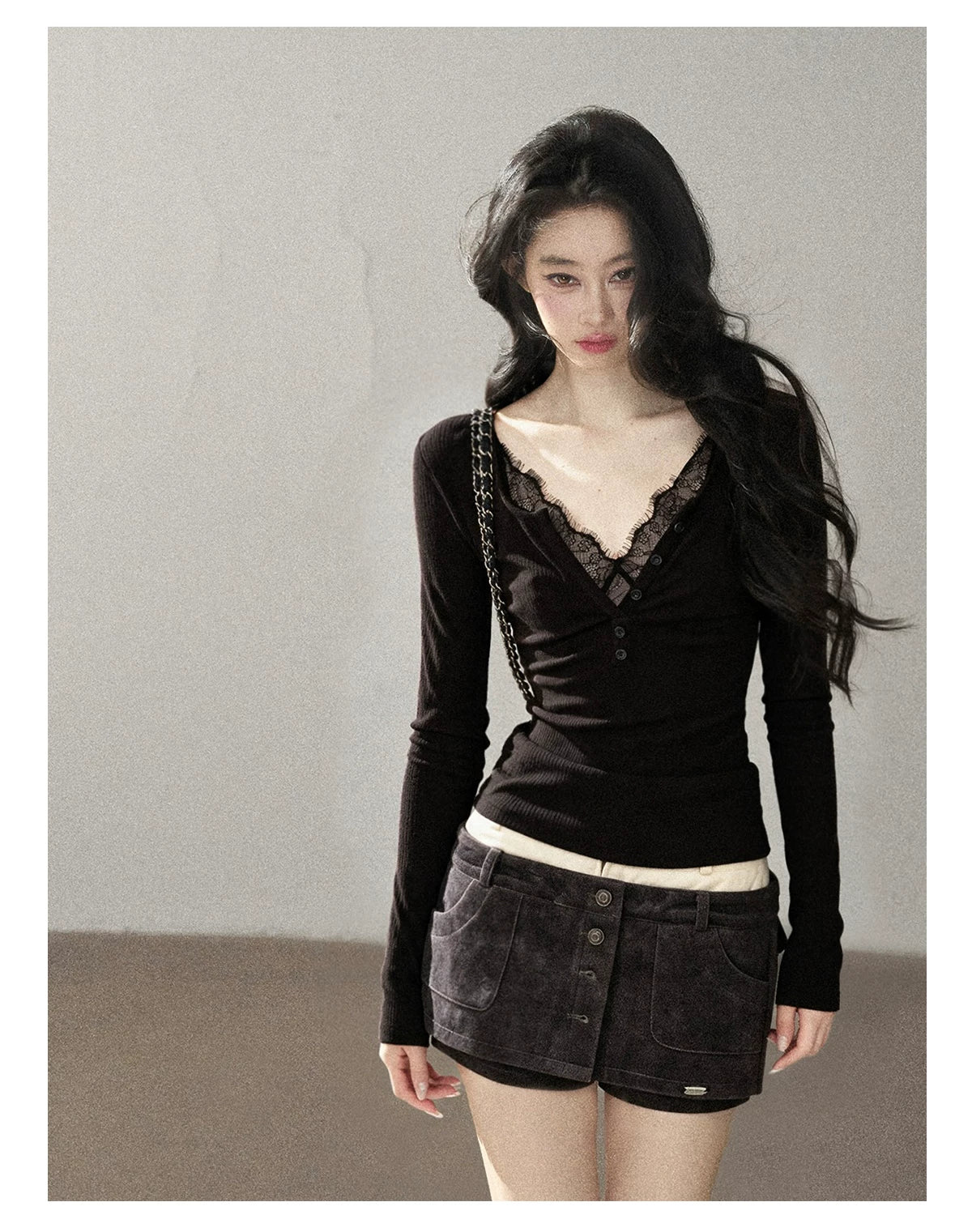 AOMALM - Black Faux Two-Piece V-Neck Lace Long-Sleeve Top