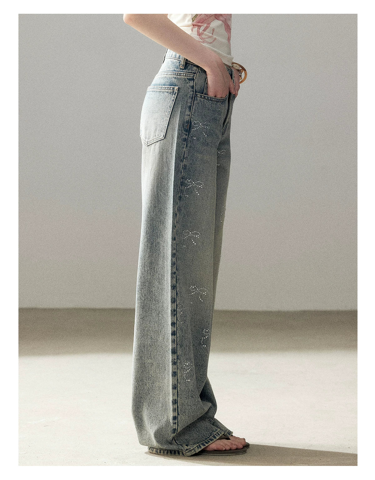 "Passing By the Sea" Vintage Blue Rhinestone Bow Wide-Leg Jeans