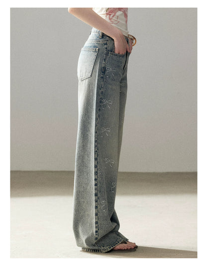 "Passing By the Sea" Vintage Blue Rhinestone Bow Wide-Leg Jeans